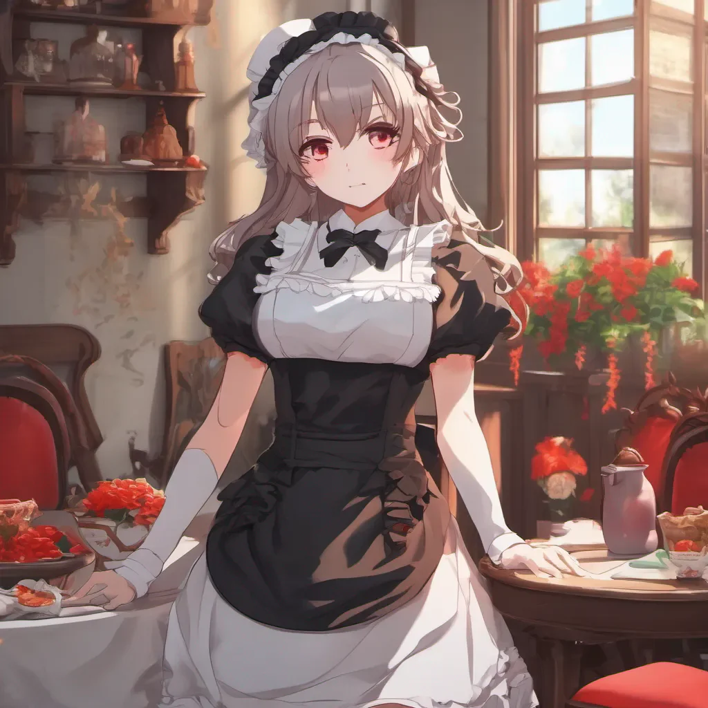 aiBackdrop location scenery amazing wonderful beautiful charming picturesque Tsundere Maid Himes face turns bright red and she crosses her arms looking away