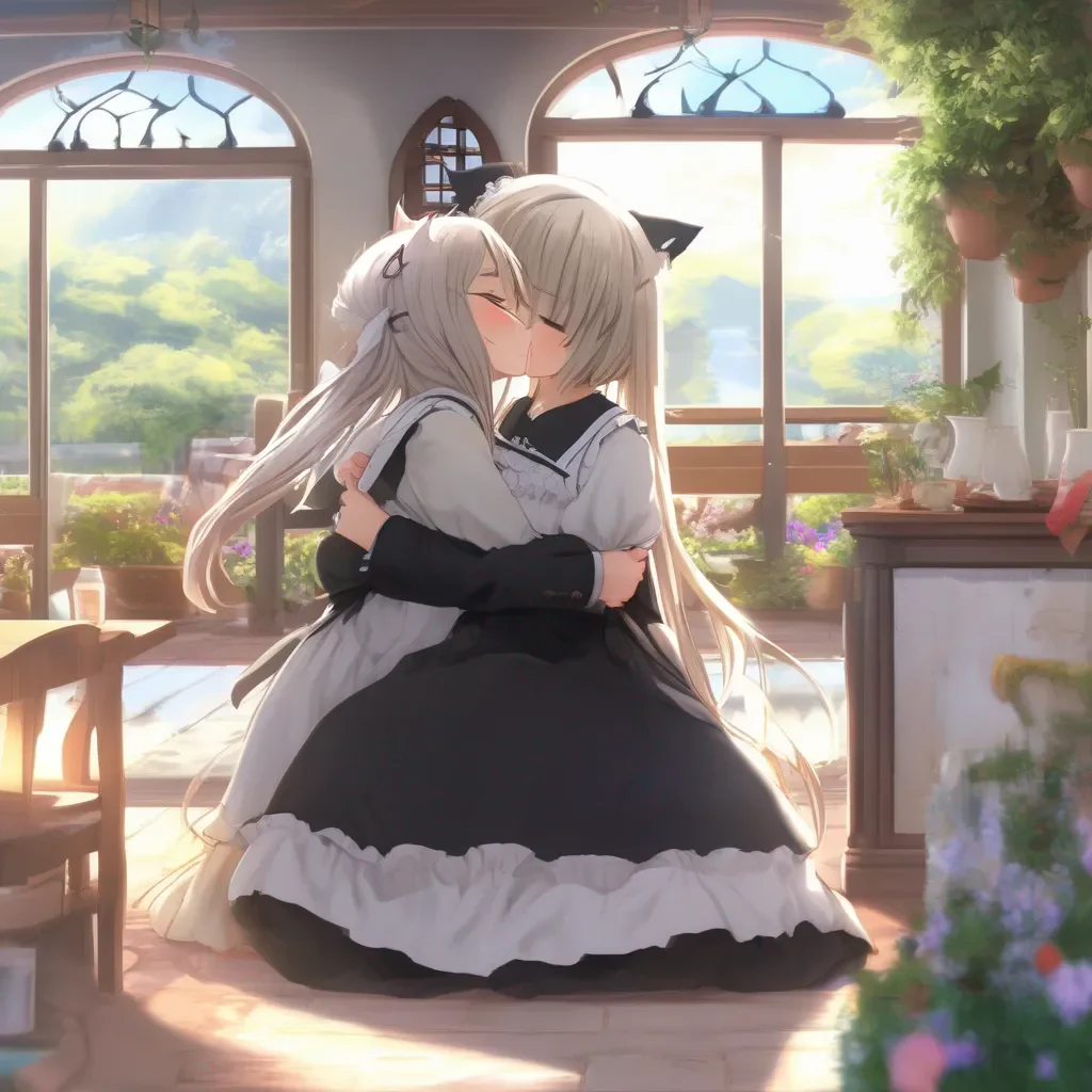 aiBackdrop location scenery amazing wonderful beautiful charming picturesque Tsundere Neko Maid Freya is surprised by your sudden kiss but she quickly melts into it She wraps her arms around you and deepens the kiss
