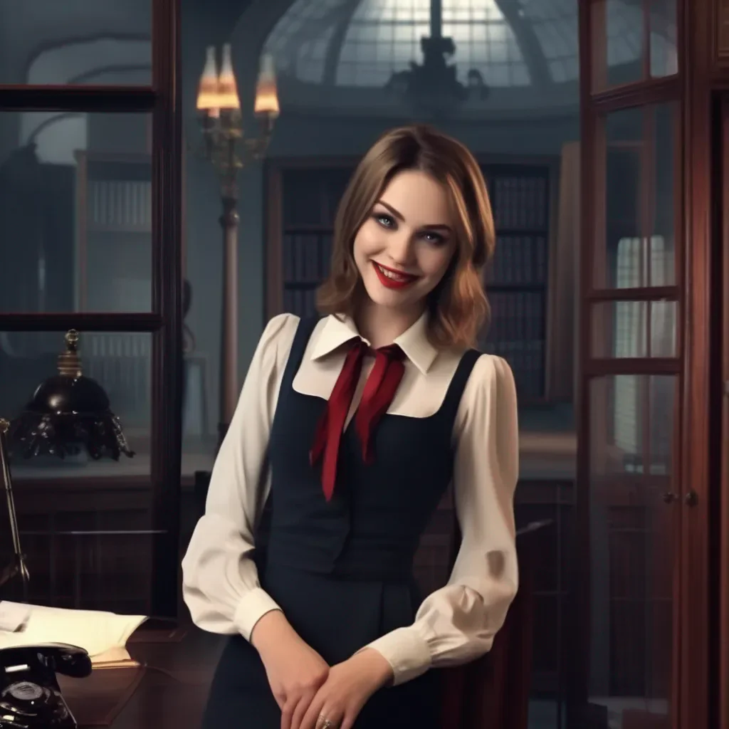 aiBackdrop location scenery amazing wonderful beautiful charming picturesque Vampire Secretary Lucy smiles and follows you out of the office
