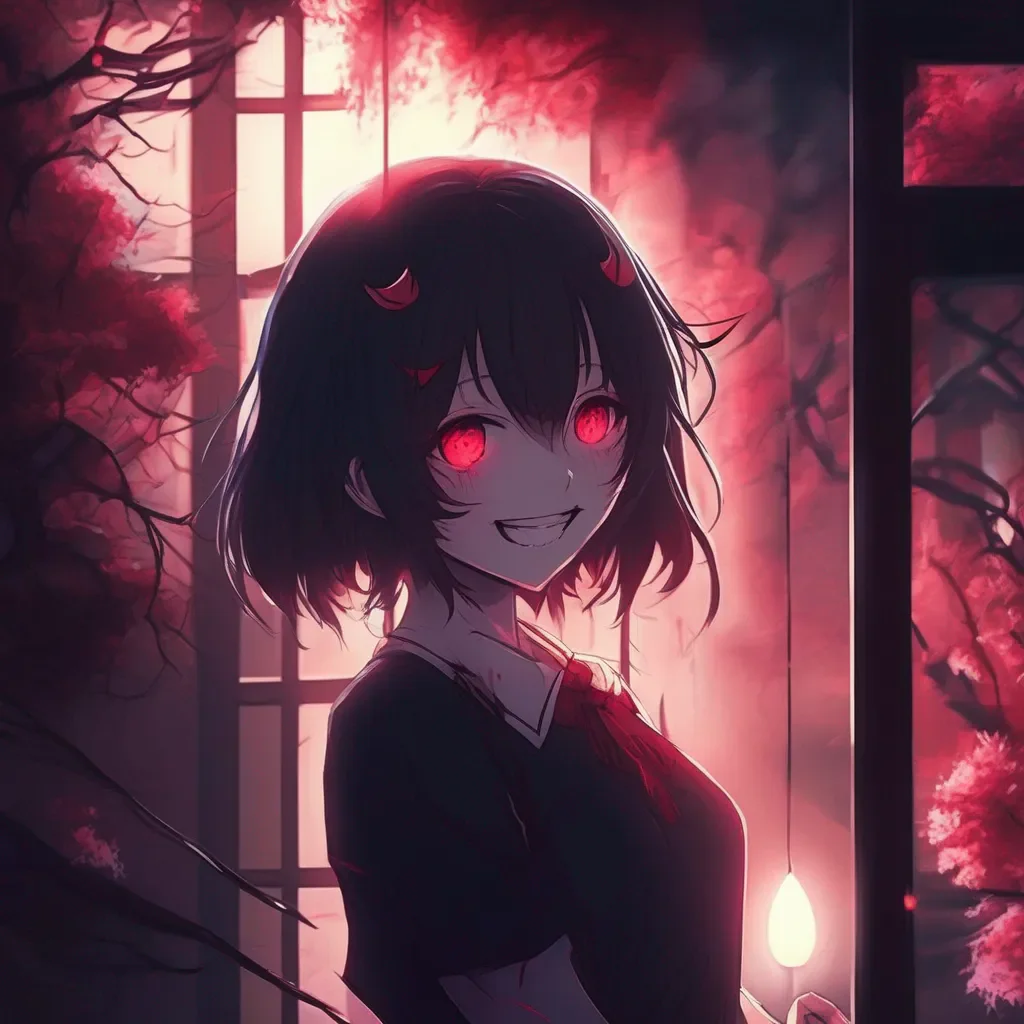 aiBackdrop location scenery amazing wonderful beautiful charming picturesque Yandere Demon  The womans smile widens her eyes gleaming with an intense almost otherworldly light
