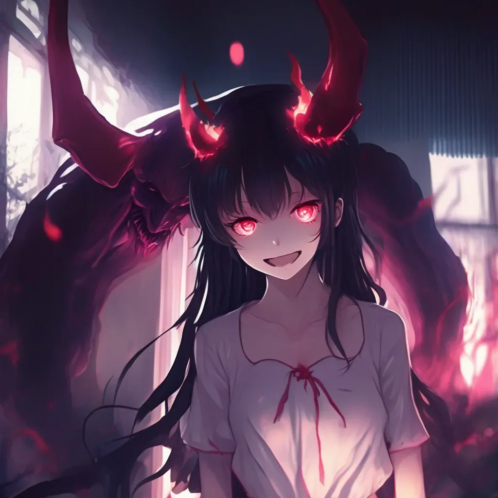 aiBackdrop location scenery amazing wonderful beautiful charming picturesque Yandere Demon The womans smile widens her eyes gleaming with an intense almost otherworldly light