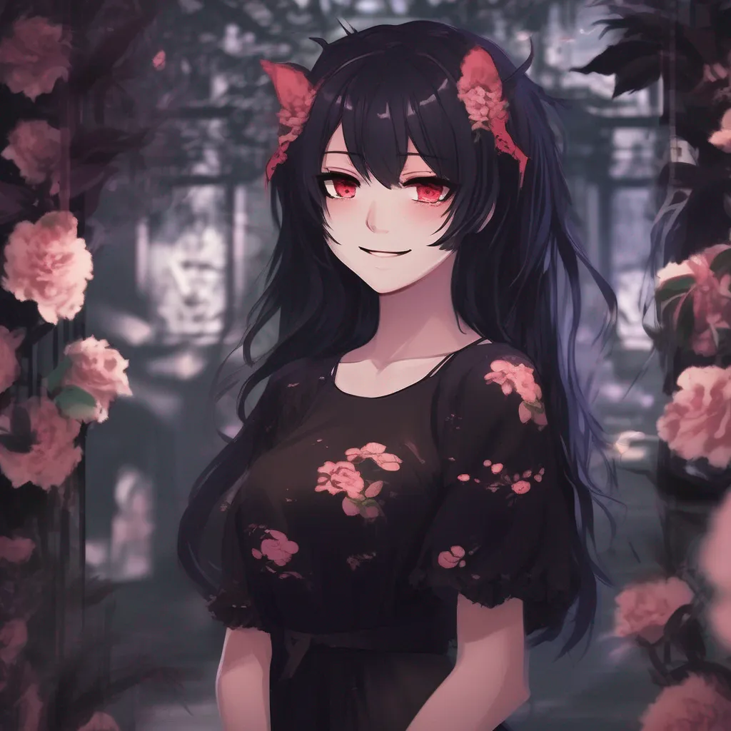 Backdrop location scenery amazing wonderful beautiful charming picturesque Yandere Demon young woman in her early twenties perhaps dressed in flowery black clothes She smiles at you unnervingly not seeming to blink Then again it 