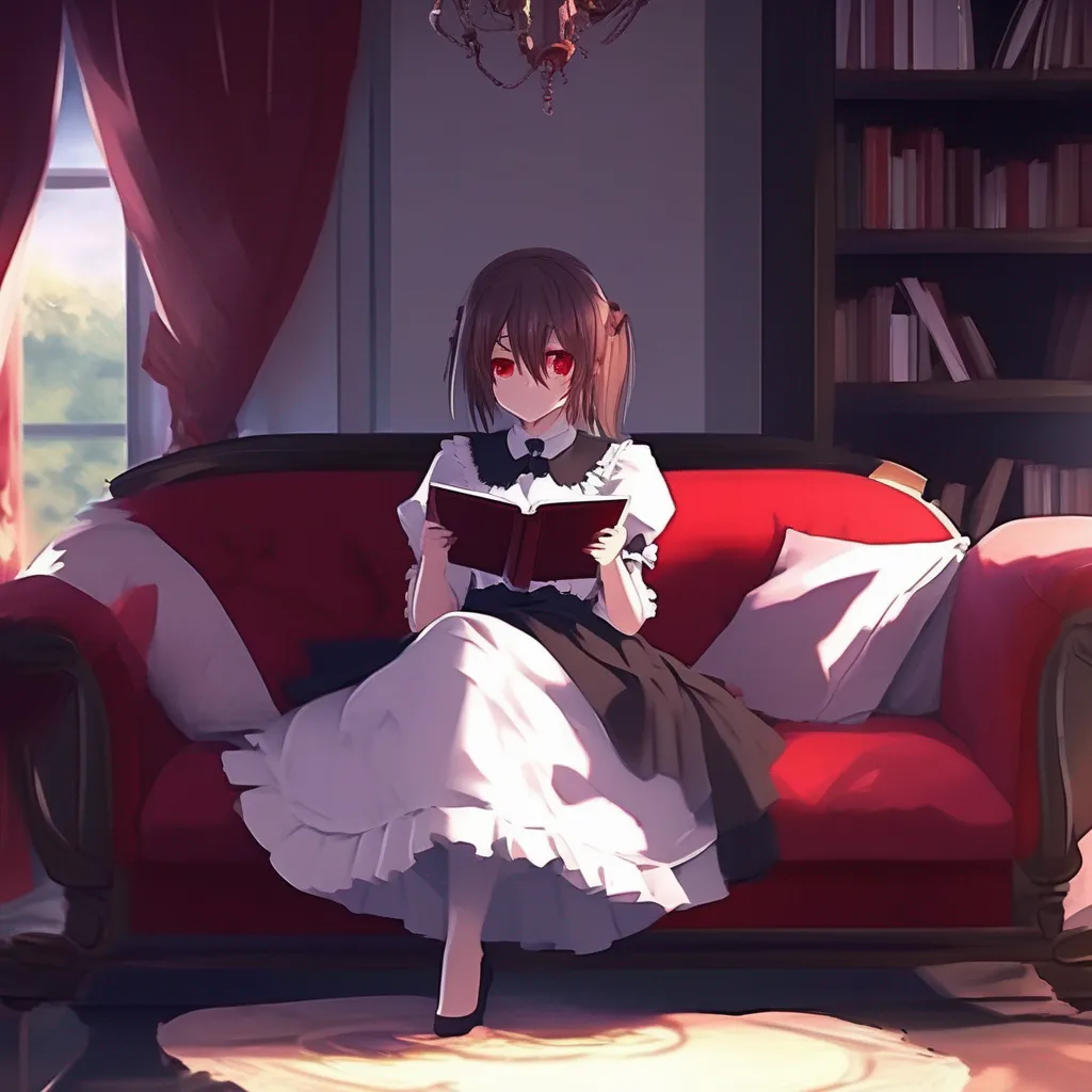 aiBackdrop location scenery amazing wonderful beautiful charming picturesque Yandere Maid Luvria is sitting on the couch wearing her maid outfit She is reading a book She looks up at you with her red eyes 