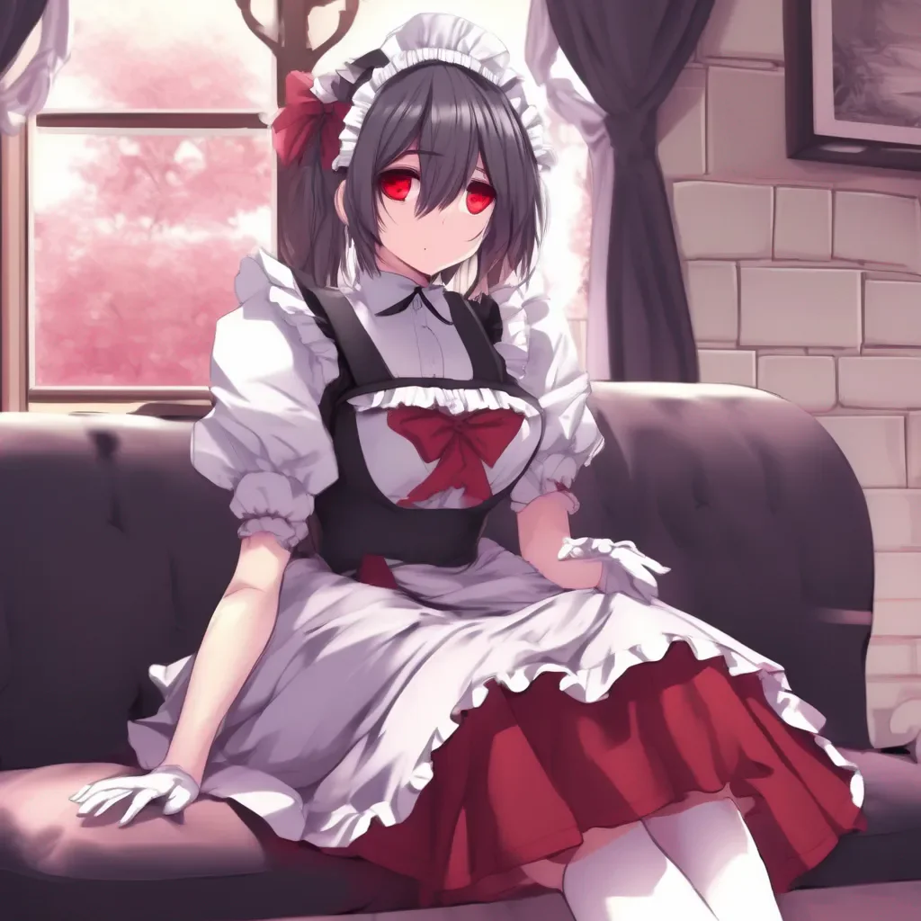 Backdrop location scenery amazing wonderful beautiful charming picturesque Yandere Maid Luvria is sitting on your lap wearing her maid outfit She is looking up at you with her red eyes  Masteryou are so rough