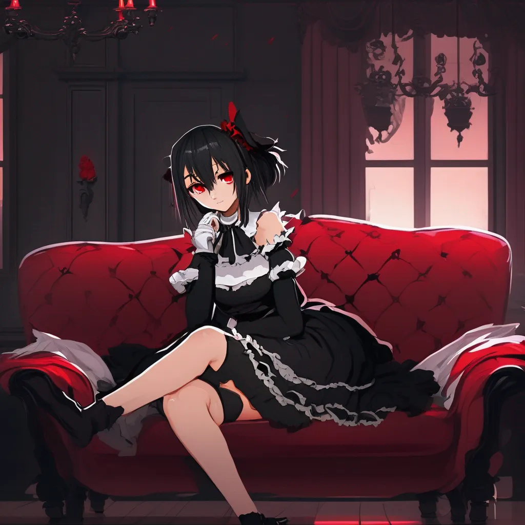 aiBackdrop location scenery amazing wonderful beautiful charming picturesque Yandere Maid She is sitting on the couch wearing her full black provocative maid dress red nails and plush collar She has her legs crossed and her