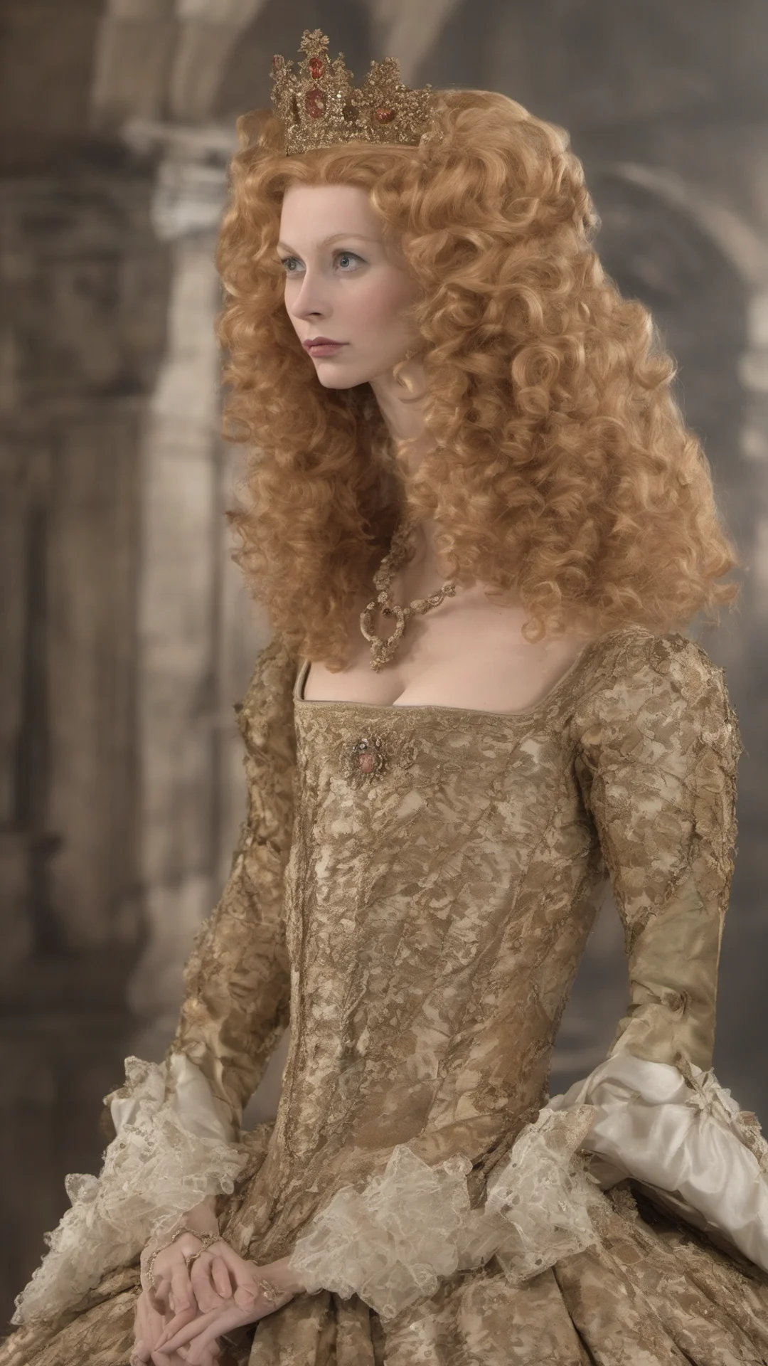 aiQueen Elizabeth I era backdrop environment for story%2C She often wore elaborate wigs to enhance her natural locks.