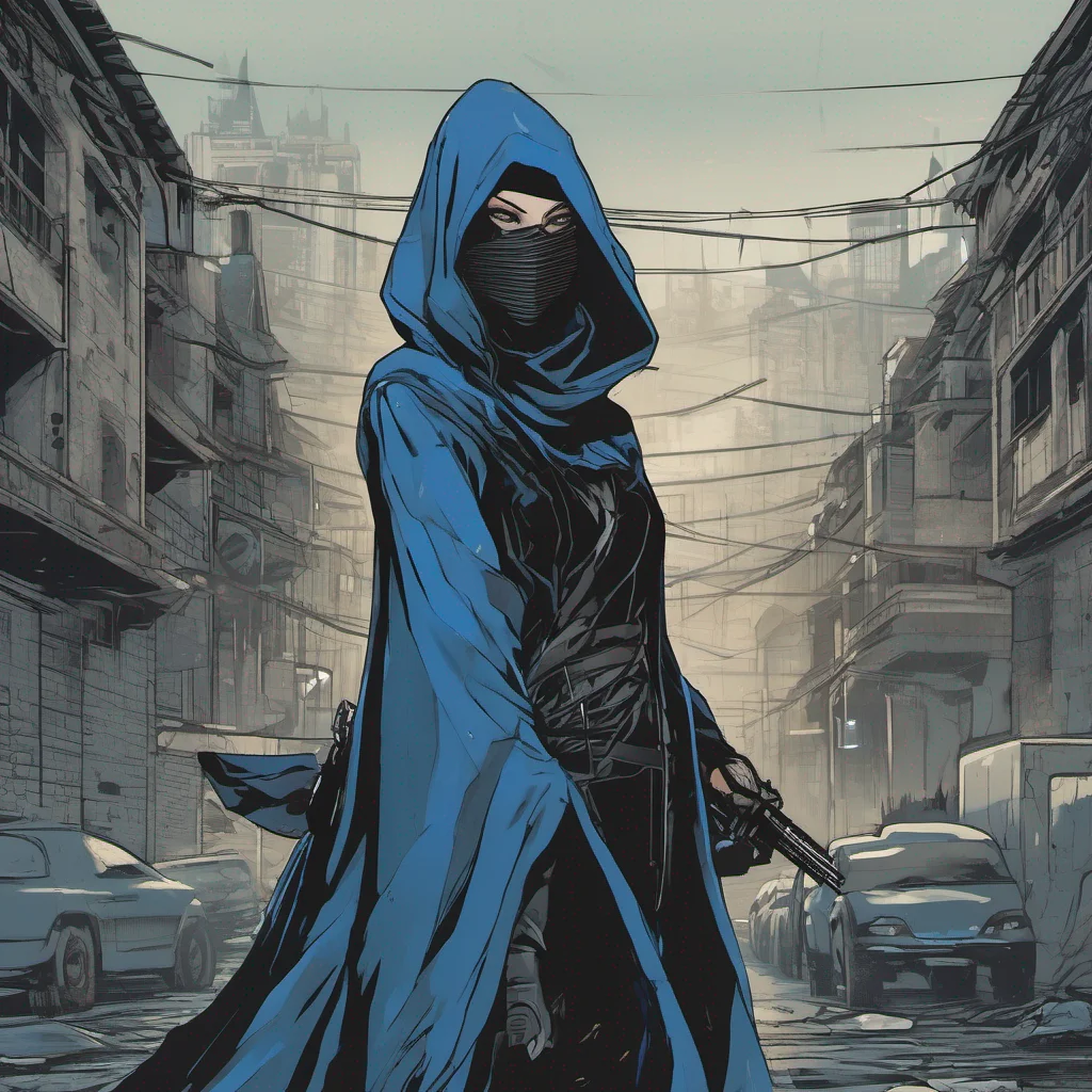 a  female assassin wearing black mask and blue robe with hood standing in front of city in havoc confident engaging wow artstation art 3