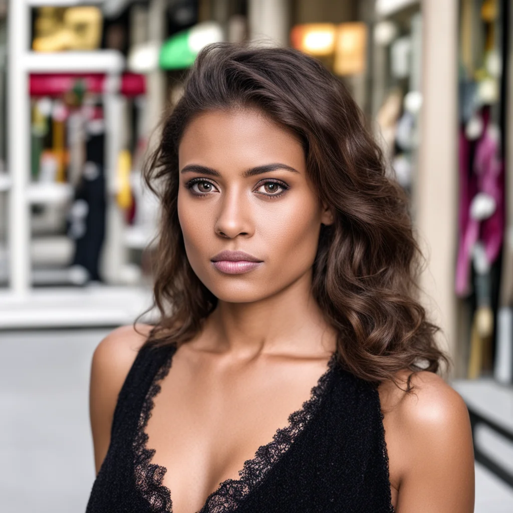 aia 30 years old woman%2C brown eyes%2C brown hair%2C black skin%2C in front of a dress store in doubt if she wanted to buy a stuff in there or not confident engaging wow artstation art 3
