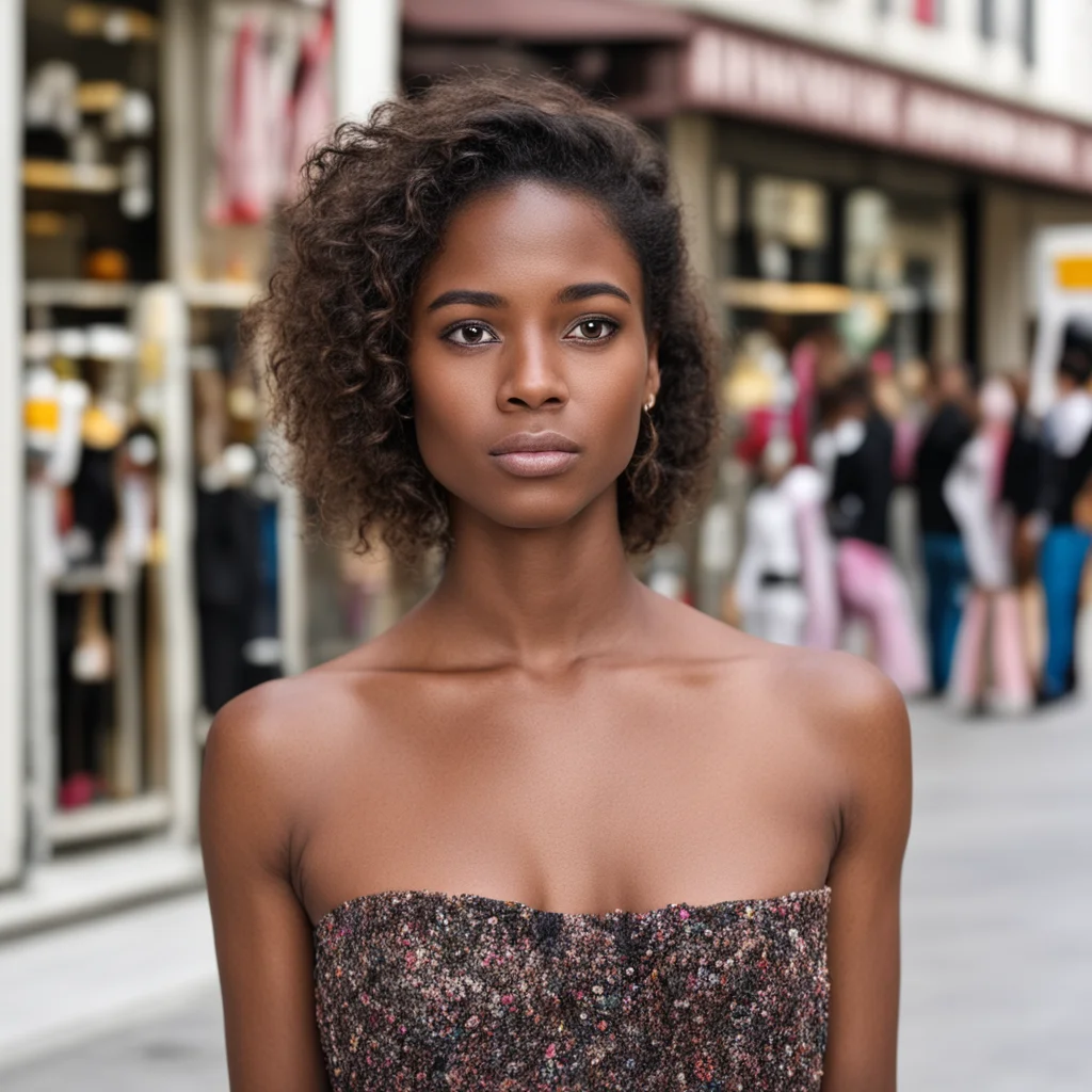 aia 30 years old woman%2C brown eyes%2C brown hair%2C black skin%2C in front of a dress store in doubt if she wanted to buy a stuff in there or not good looking trending fantastic 1