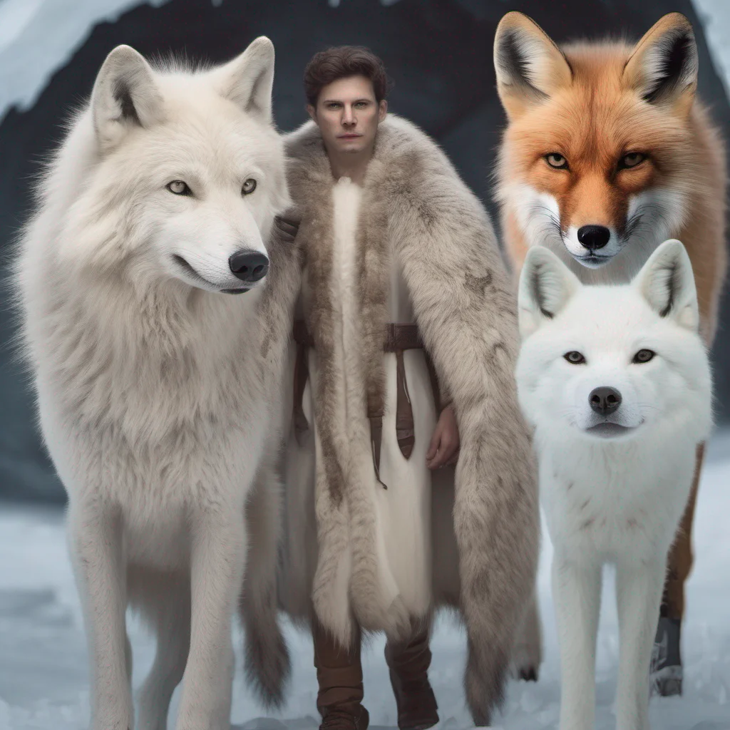 a arctic wolf mixed with a fox and a human with human skin and human body