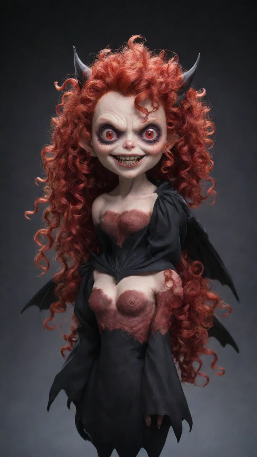 a bat demon with red curly hair. tall