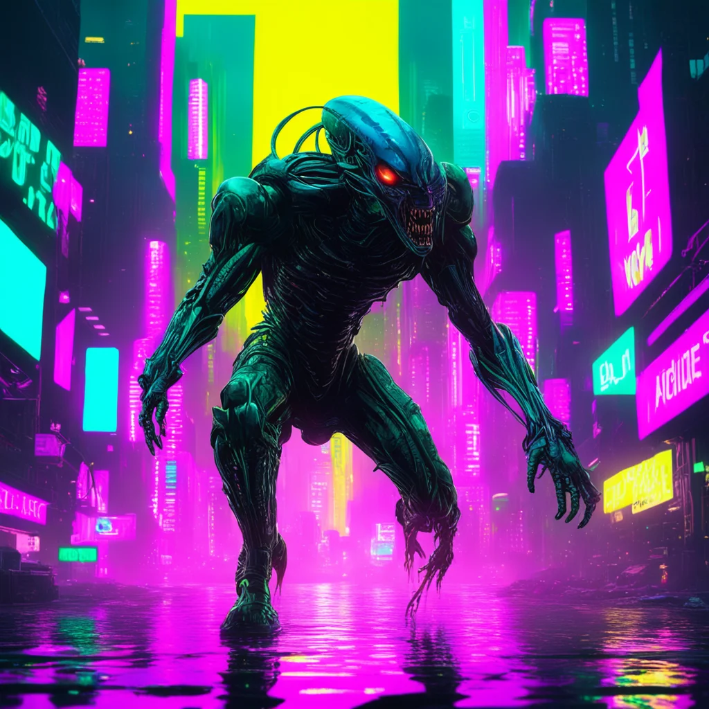 aia battle scarred xenomorph air kick his opponent through a neon drenched cyberpunk cityscape%2C its reflective surface capturing the rippled chaos around it amazing awesome portrait 2