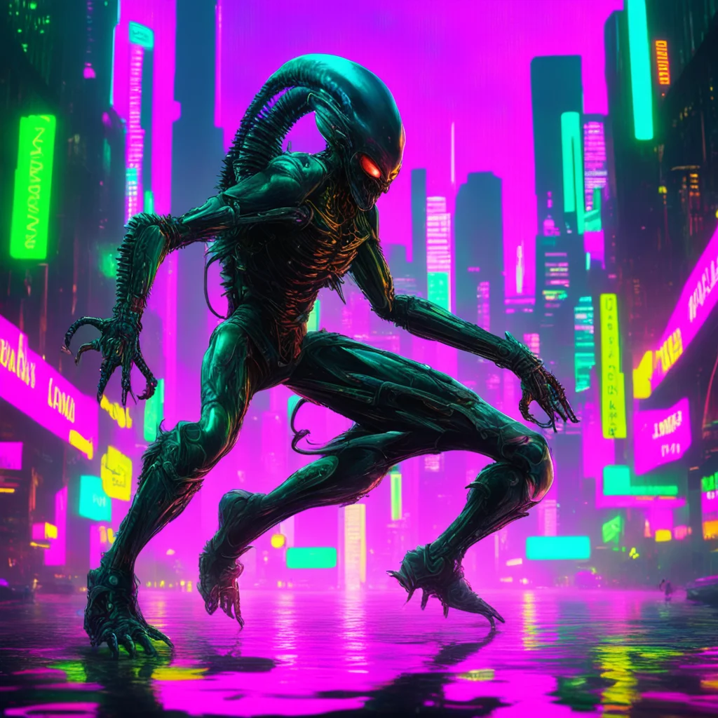 aia battle scarred xenomorph air kick his opponent through a neon drenched cyberpunk cityscape%2C its reflective surface capturing the rippled chaos around it good looking trending fantastic 1