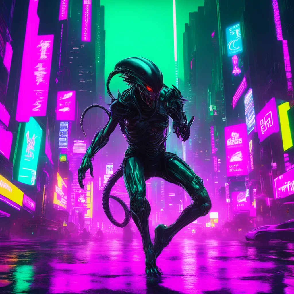 aia battle scarred xenomorph air kick his opponent through a neon drenched cyberpunk cityscape%2C its reflective surface capturing the rippled chaos around it