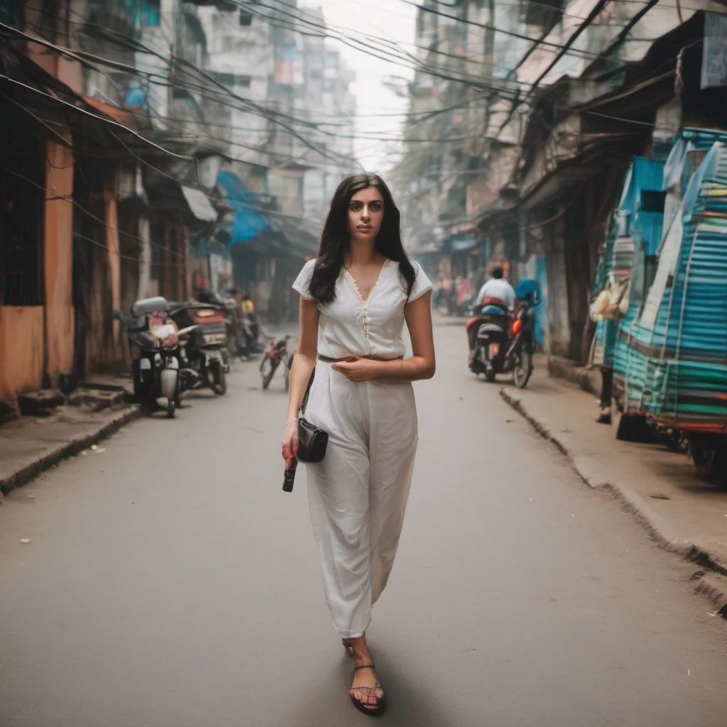 a beautiful black haired white girl walking on the streets of kolkata