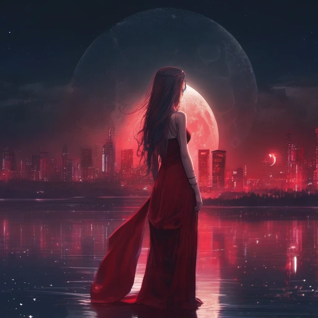 aia beautiful girl%2C  cyberpunk%2C night%2C lake%2C moon%2C long hair%2C red dress%2C stars amazing awesome portrait 2
