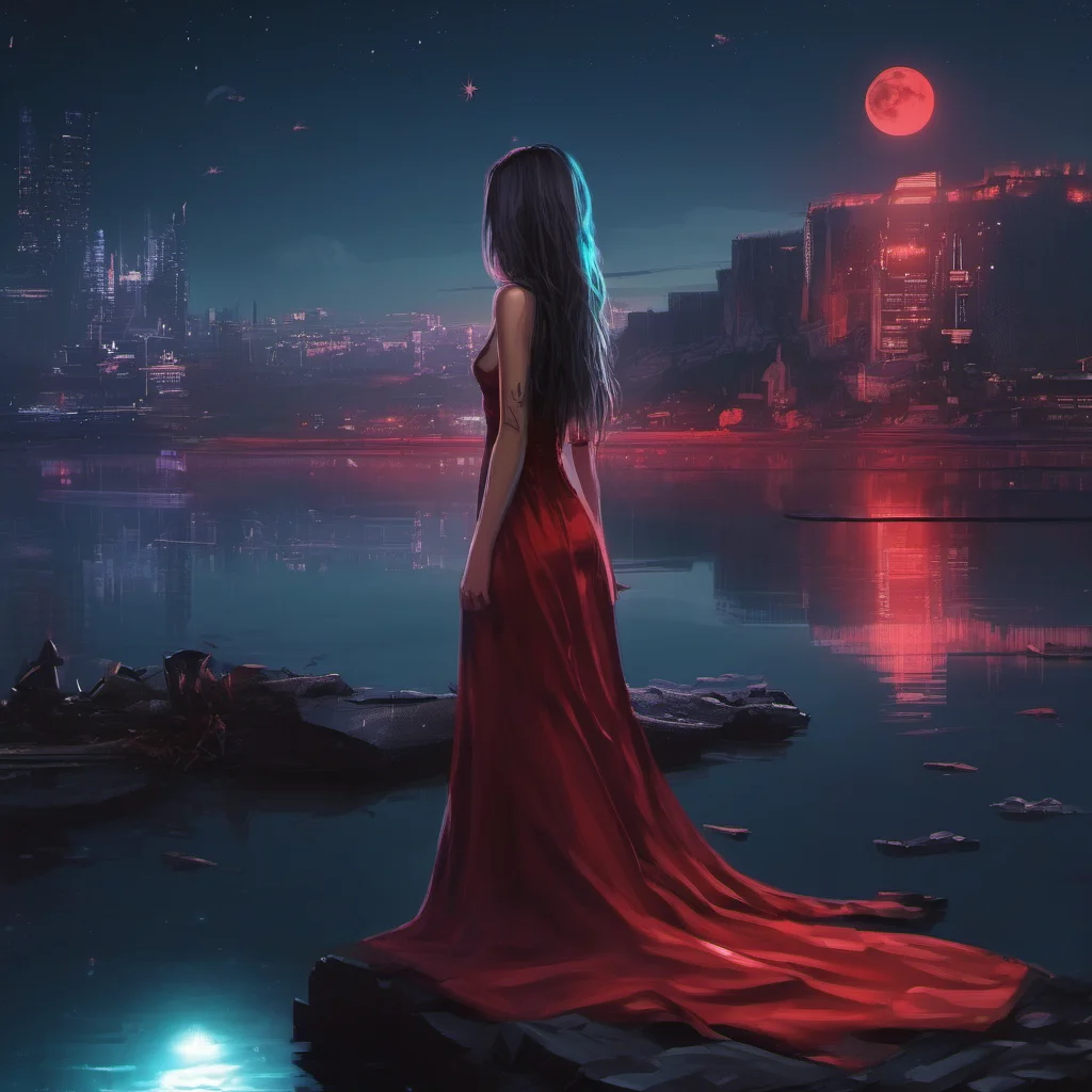 aia beautiful girl%2C  cyberpunk%2C night%2C lake%2C moon%2C long hair%2C red dress%2C stars good looking trending fantastic 1