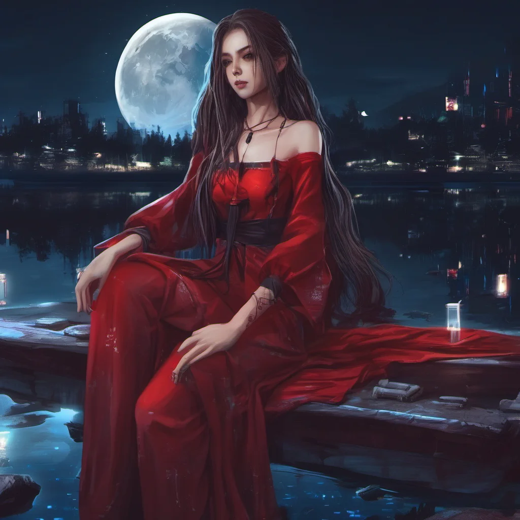 aia beautiful girl%2C  cyberpunk%2C night%2C lake%2C moon%2C long hair%2C red dress%2C stars