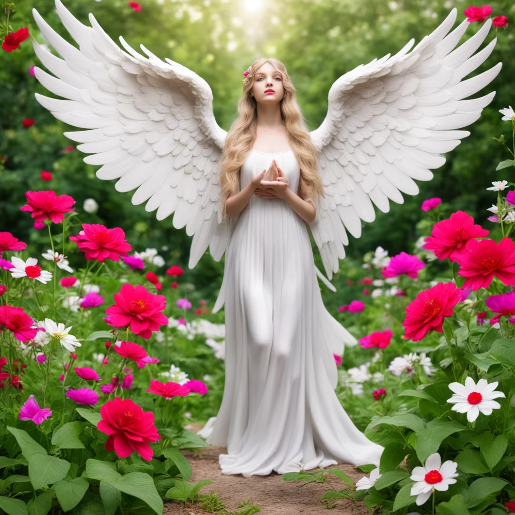 a beautiful guardian angel standing in a flower garden with a red cardinal flying into her hands amazing awesome portrait 2