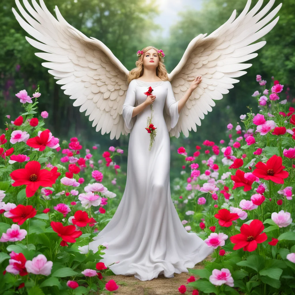 a beautiful guardian angel standing in a flower garden with a red cardinal flying into her hands good looking trending fantastic 1