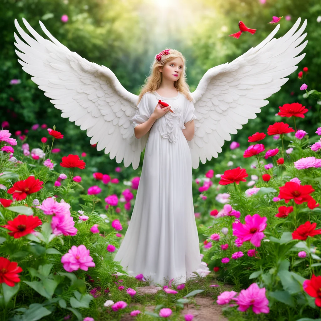 a beautiful guardian angel standing in a flower garden with a red cardinal flying into her hands