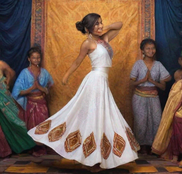 aia beautiful young brown woman wearing white cotton cloth adorned with geometrical patterns dancing