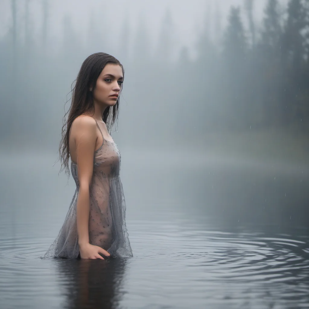 a beautiful young girl in a short wet transparent dress in a rainy foggy lake good looking trending fantastic 1