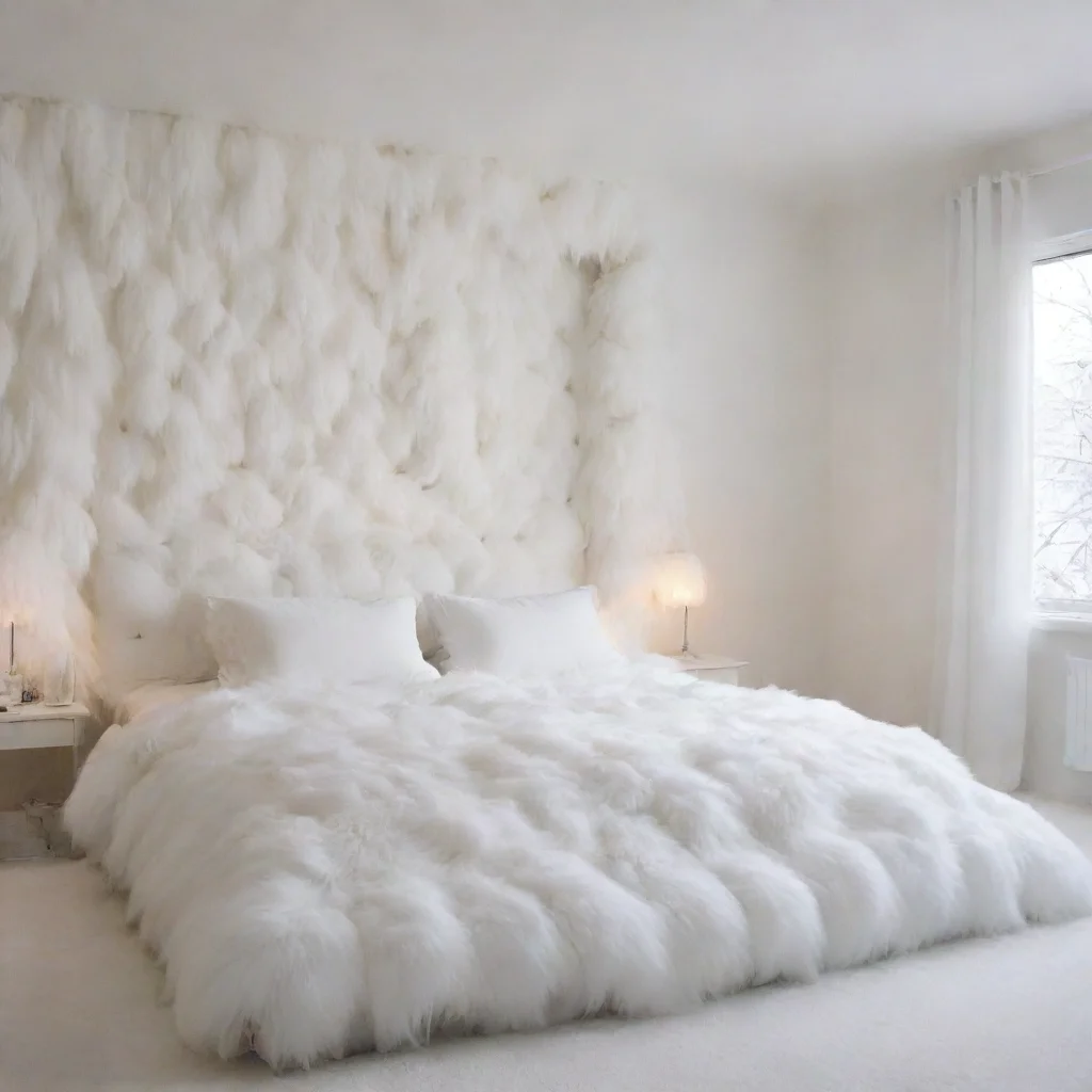 a bedroom covered in thick white fur everywhere