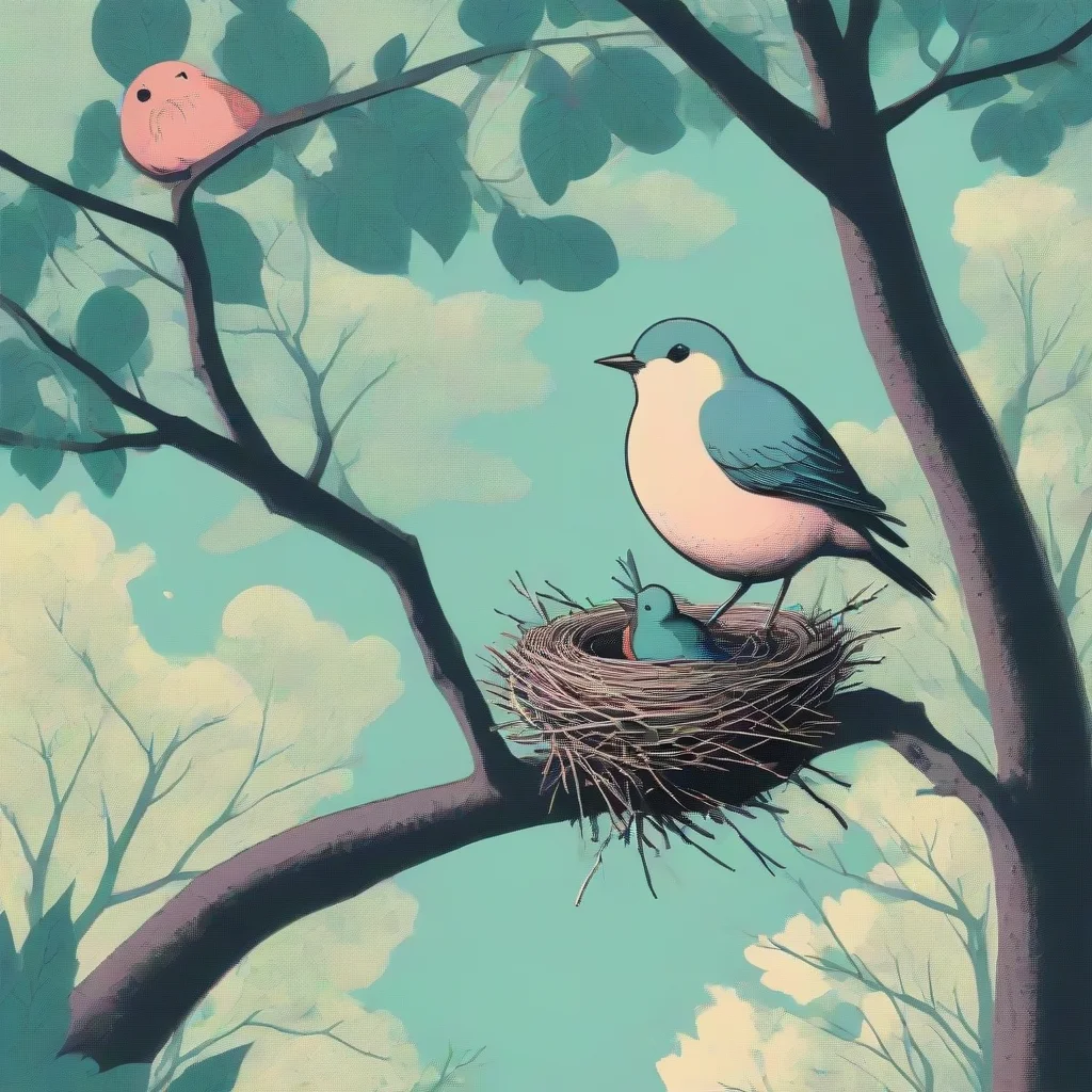 a bird on a branch next to a nest in a lush tree in beautiful nature  risograph  in the style of chris ware ar 54