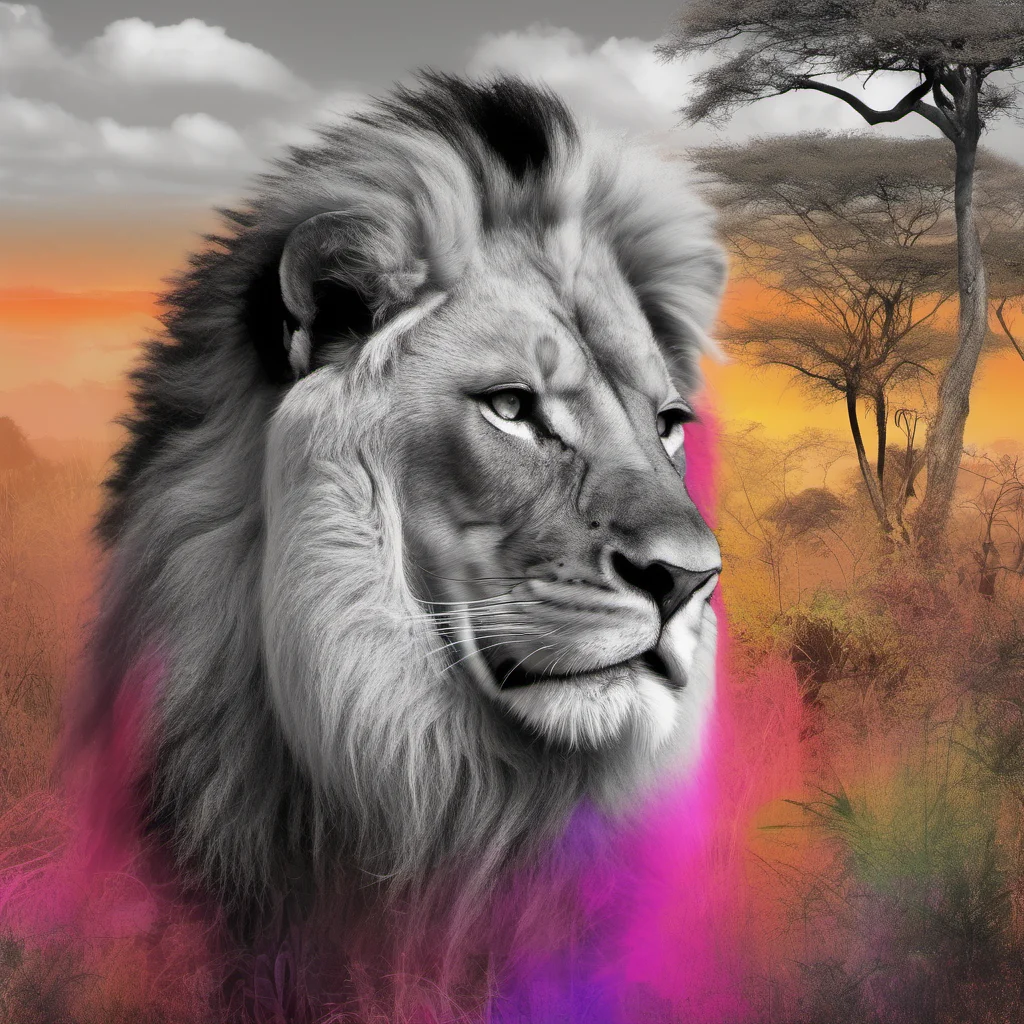 a black and white lion profile with a colorful overlay of a savanna jungle scenery amazing awesome portrait 2