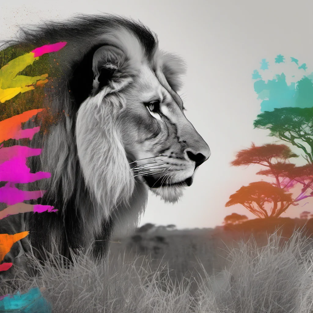 a black and white lion profile with a colorful overlay of a savanna jungle scenery confident engaging wow artstation art 3