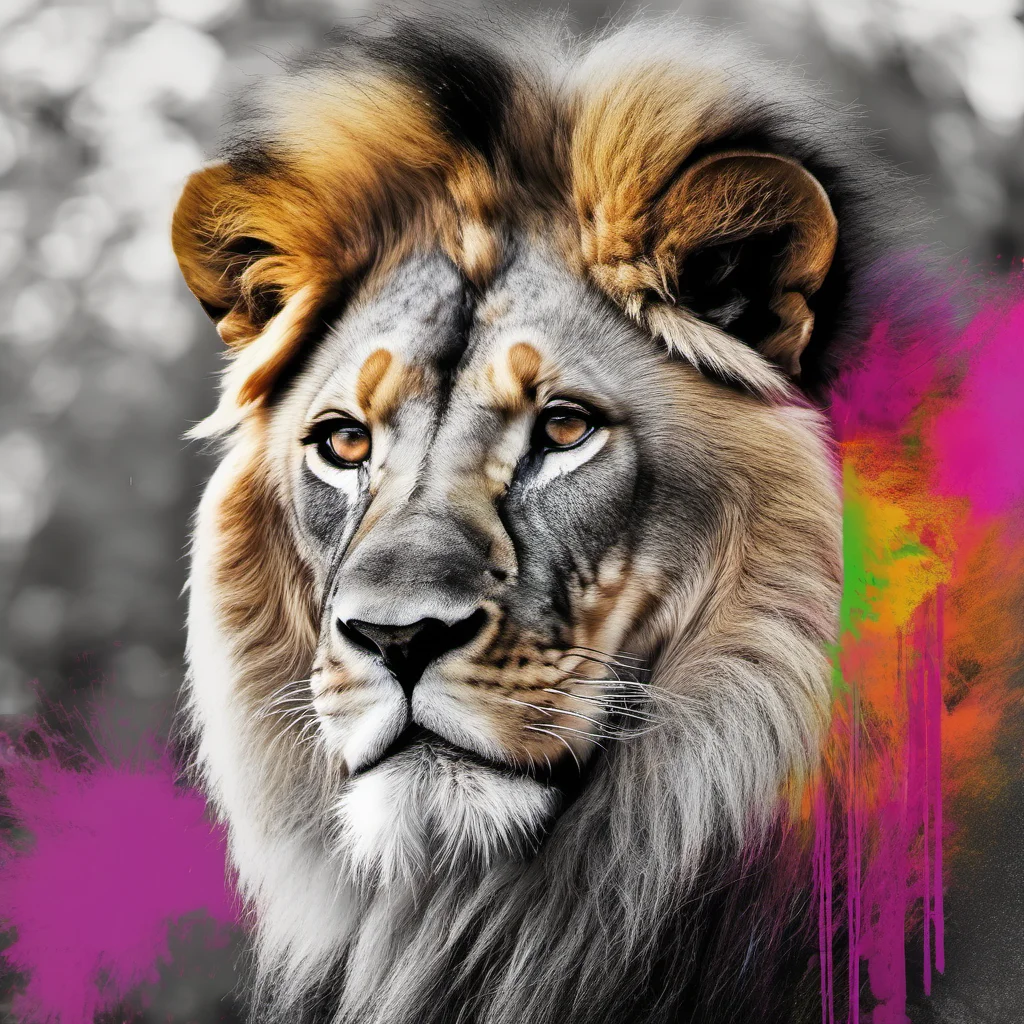 a black and white lion profile with a colorful overlay of a savanna jungle scenery
