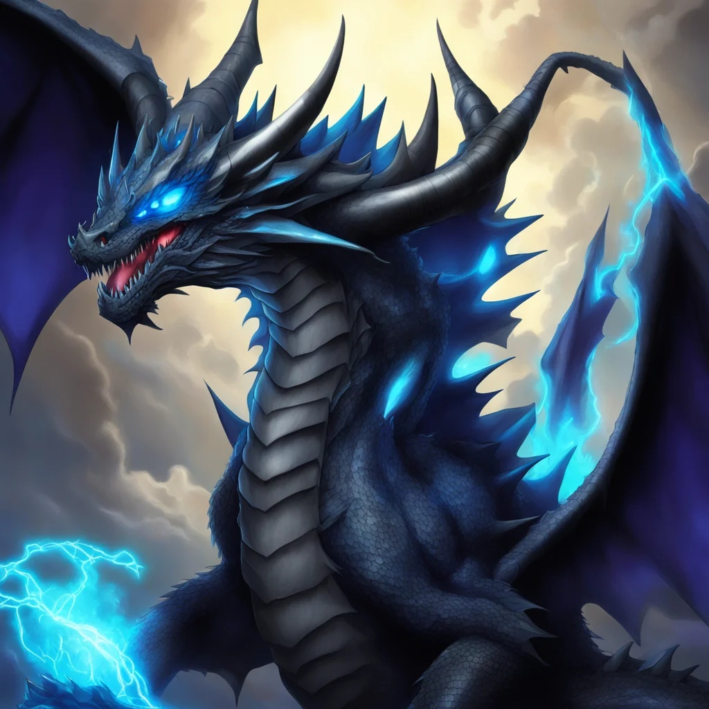 a black dragon with blue glowing eyes and a chain on its neck in yu gi oh%21 art amazing awesome portrait 2