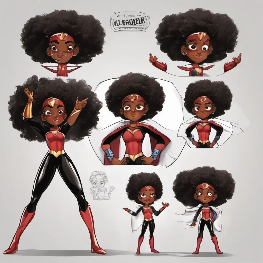 a black girl superhero with afro%2Cmultiple poses and expressions%2Cdifferent angles%2C character sheet%2C in the style of children%27s book illustration%2C isolated on white background    ar 16%3A amazing awesome portrait 2