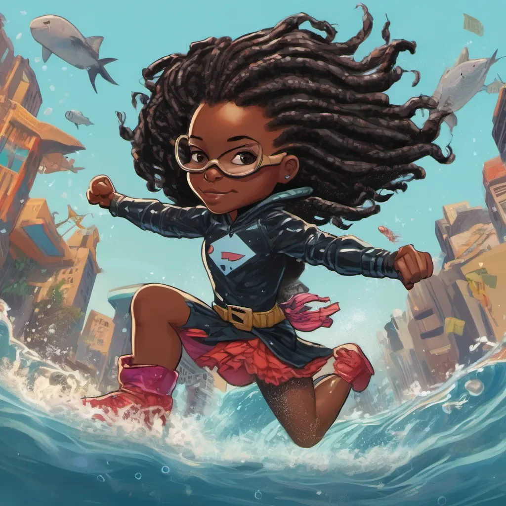 a black little girl  superhero with locs that can swim with fins