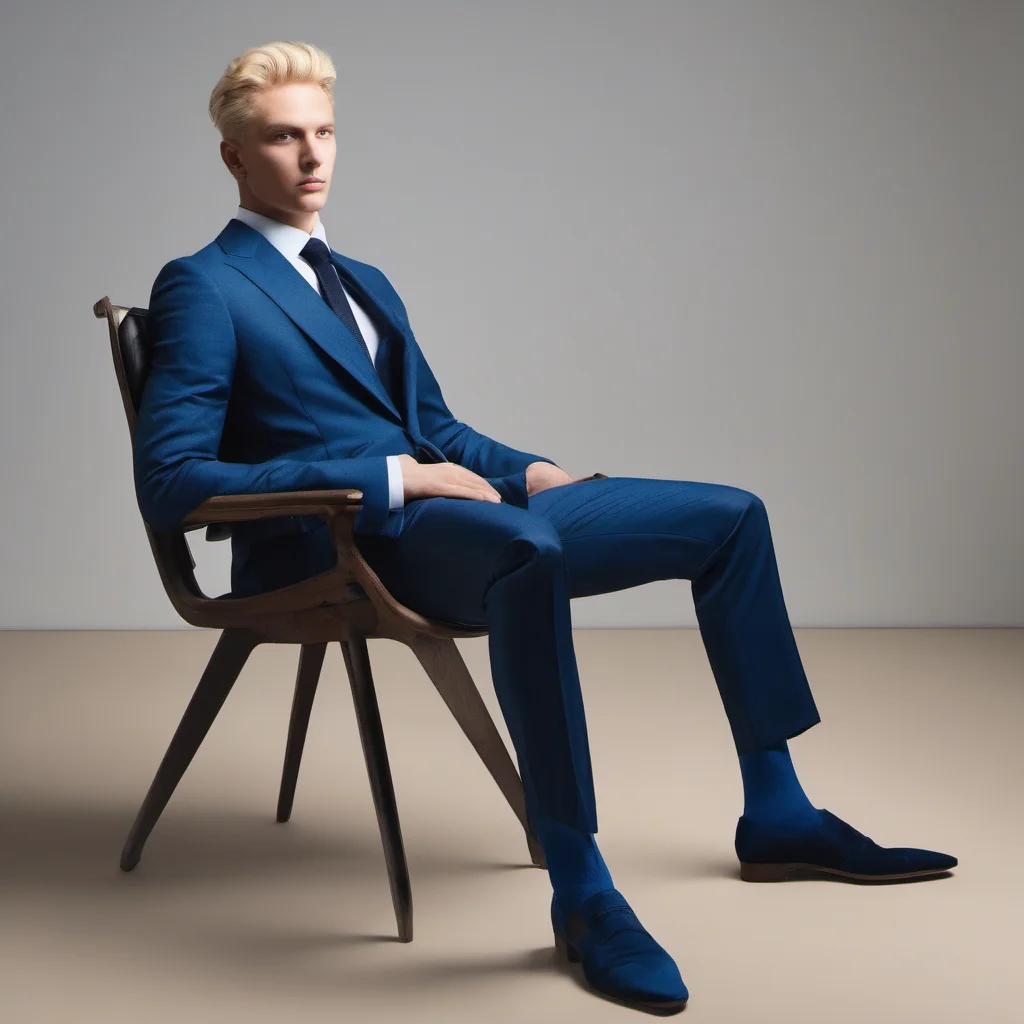 a blond man in blue suits sits on a chair confident engaging wow artstation art 3