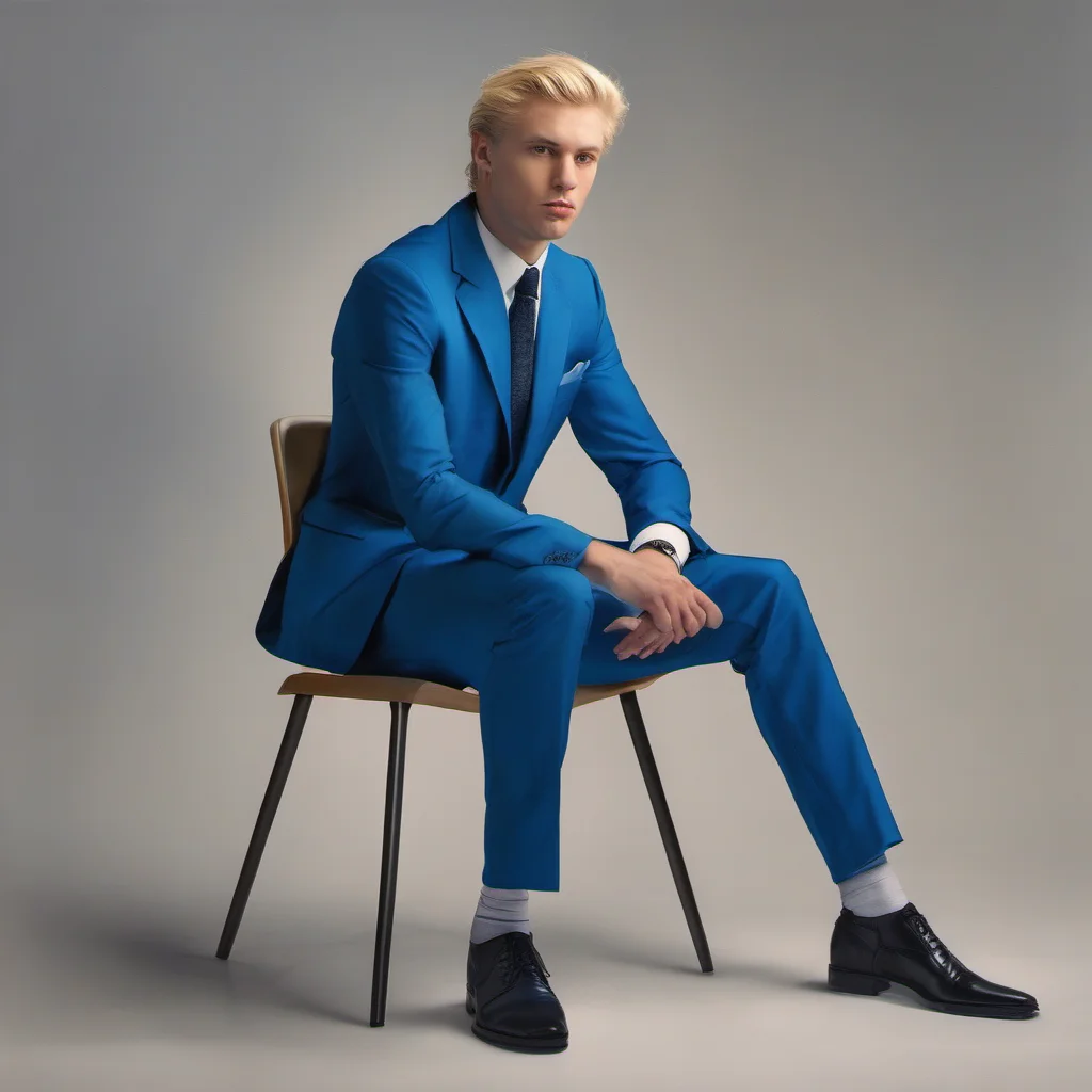 a blond man in blue suits sits on a chair good looking trending fantastic 1