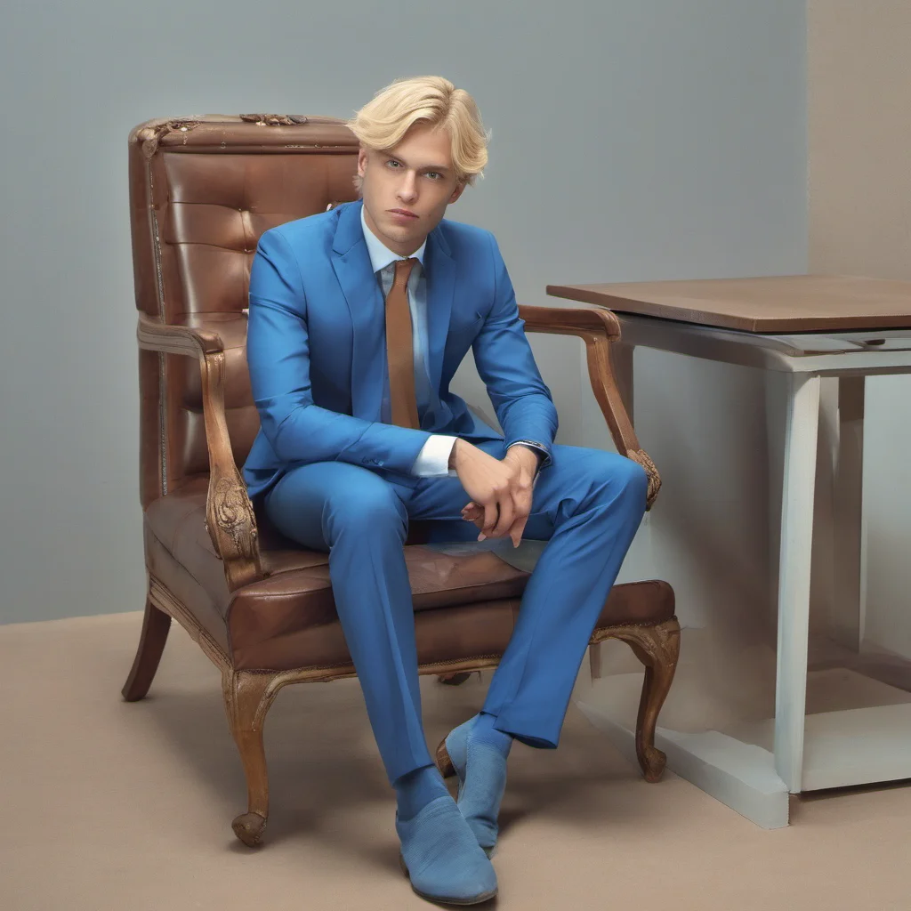 a blond man in blue suits sits on a chair