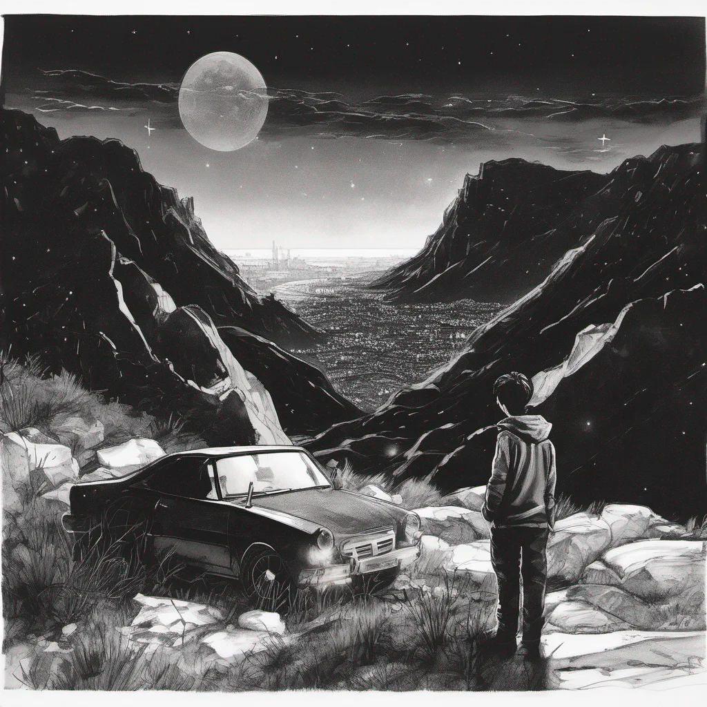 a boy withh car on a mountain edge looking at the city at night  good looking trending fantastic 1