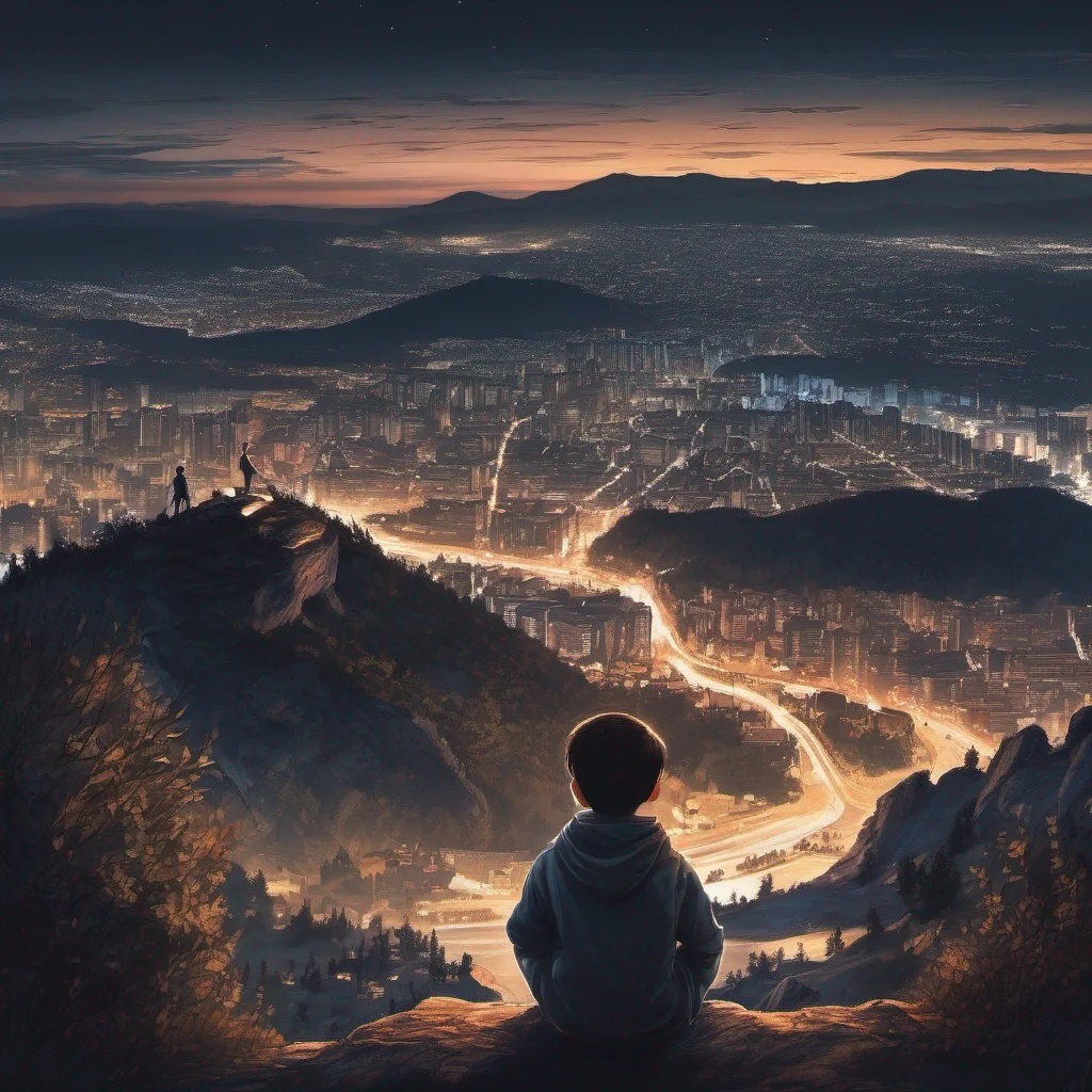 a boy withh car on a mountain edge looking at the city at night 