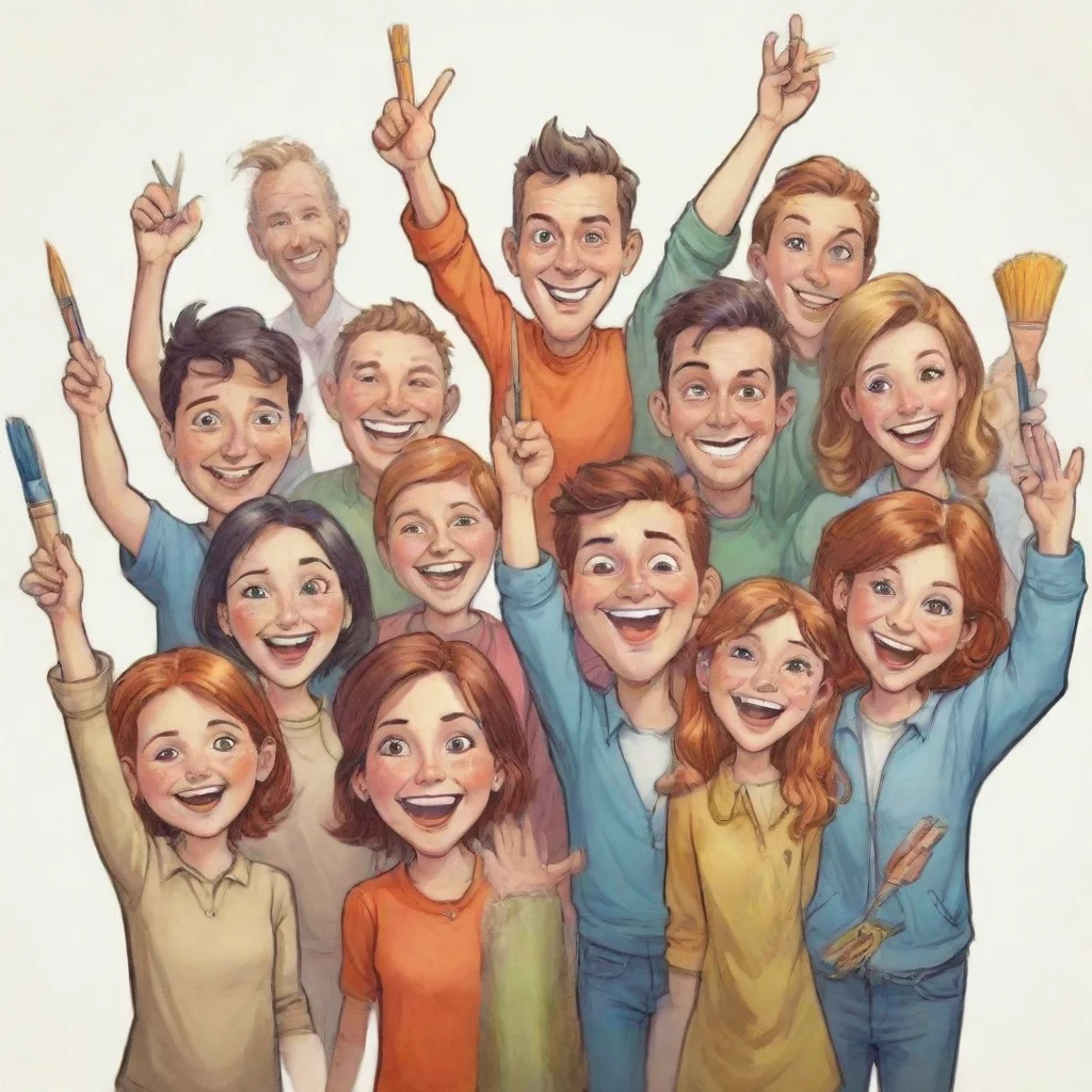 aia bunch of happy artists%2C waving with their brushes and pencils. comic style.