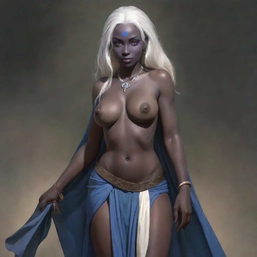 a busty drow priest wearing open silk top and a long loin cloth