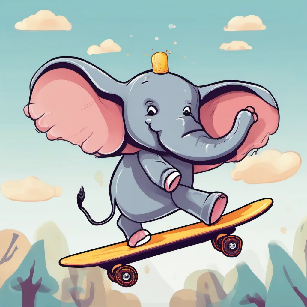 a cartoon elephant flying through the air on a skateboard%2C process art%2C flat shading%2C storybook illustration%2C flat colors confident engaging wow artstation art 3