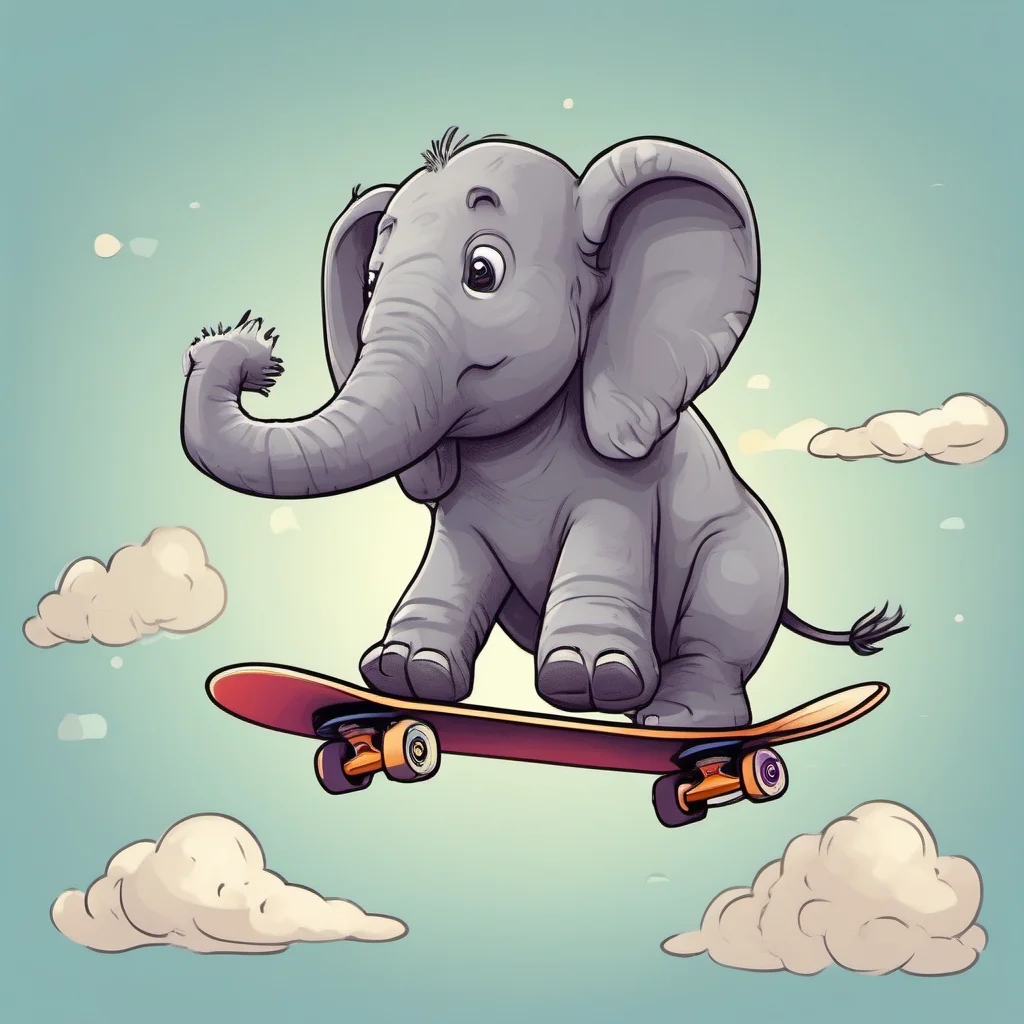 aia cartoon elephant flying through the air on a skateboard%2C process art%2C flat shading%2C storybook illustration%2C flat colors