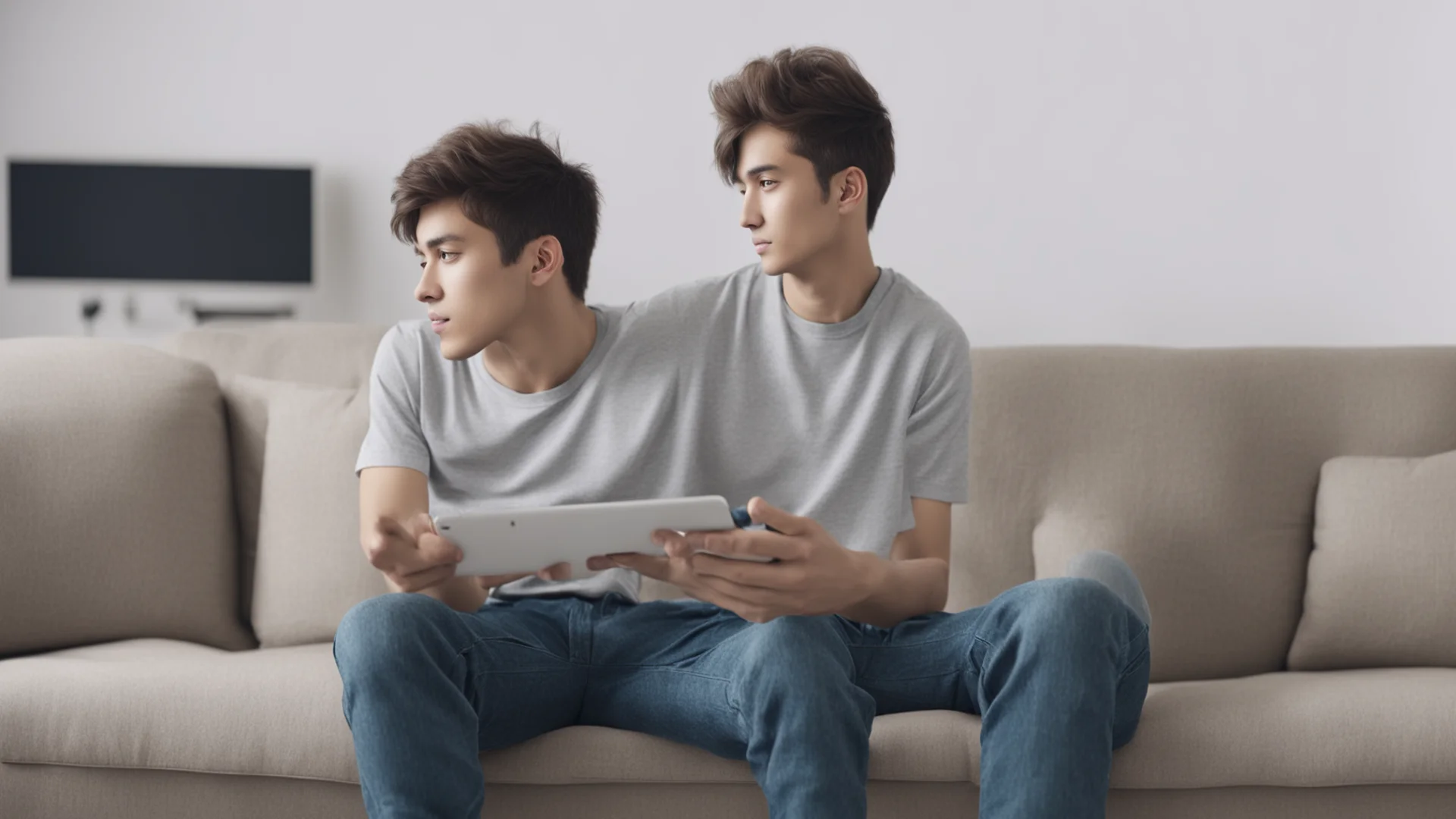 aia college boy sitting on sofa and play game in mobile%2C front view%2C 4k reoulution wide