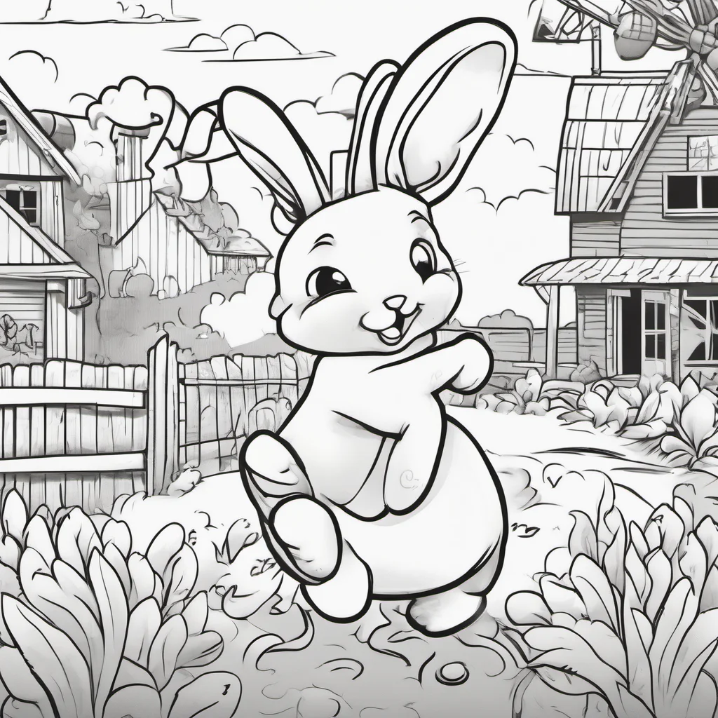 a coloring book illustration of bouncy the bunny description%3A bouncy loves to hop around the farm%2C always bringing joy and laughter to everyone with its energetic personality. confident engaging