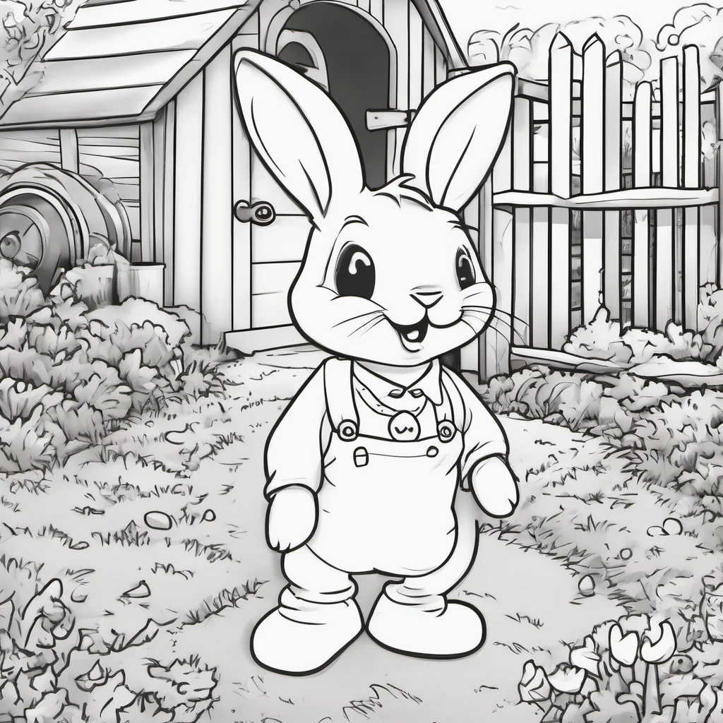 a coloring book illustration of bouncy the bunny description%3A bouncy loves to hop around the farm%2C always bringing joy and laughter to everyone with its energetic personality.