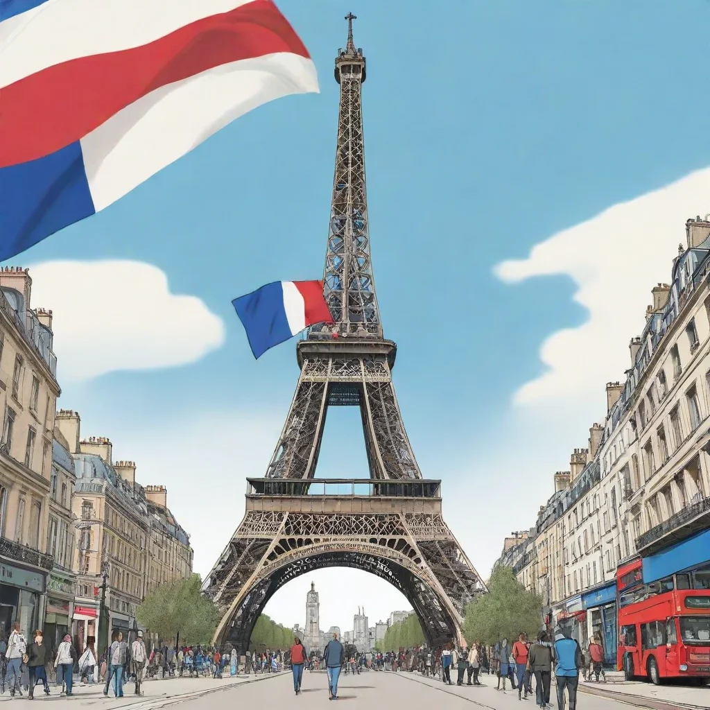 a comic style illustration of the eiffel tower. the tower is walking through london and is waving the french flag.