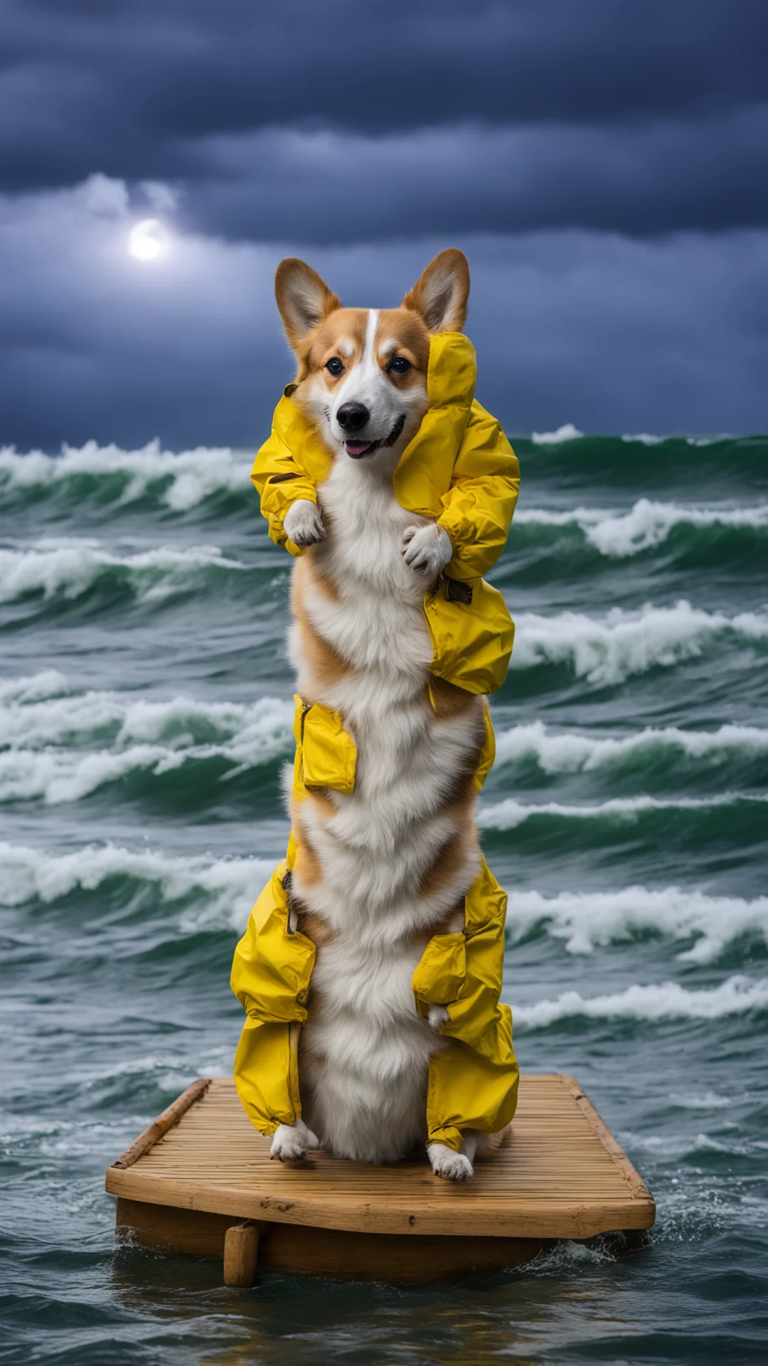 aia corgi in a yellow jacket on a bamboo raft in the middle of a tormented ocean during night thunder amazing awesome portrait 2 tall