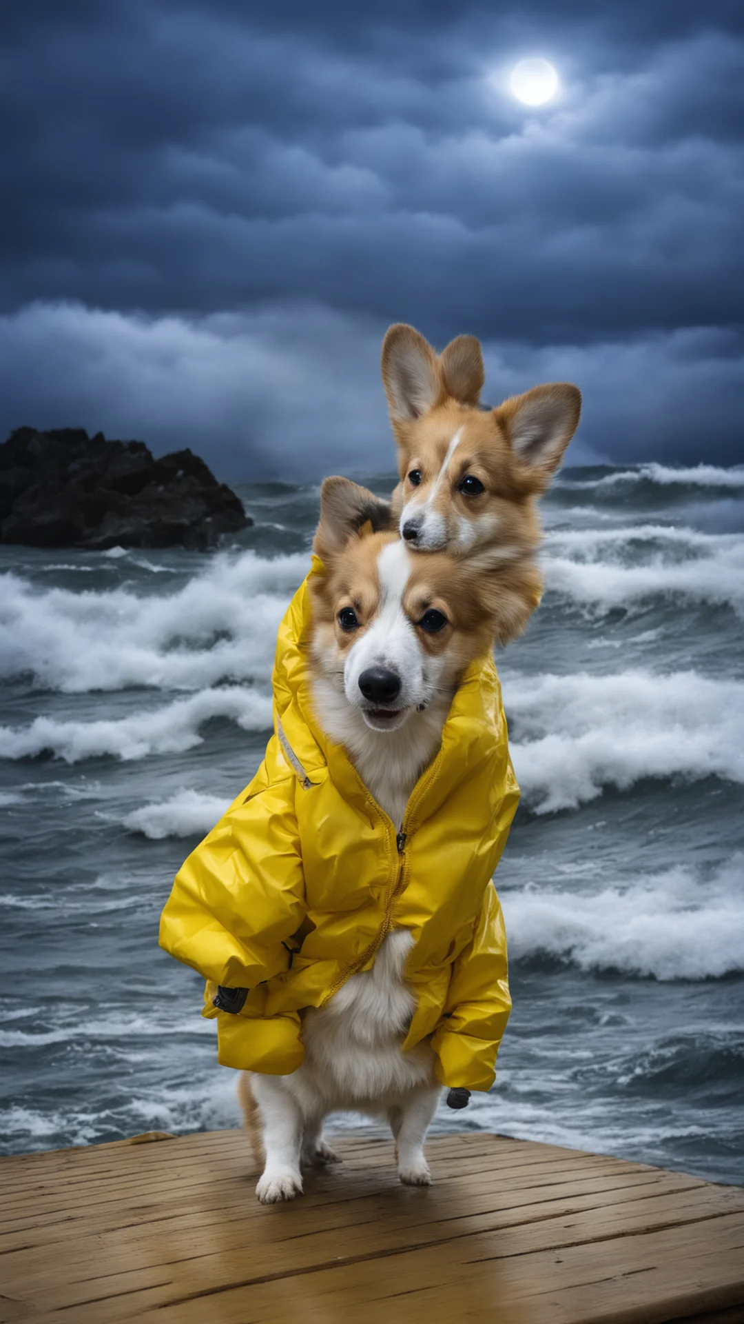 aia corgi in a yellow jacket on a bamboo raft in the middle of a tormented ocean during night thunder confident engaging wow artstation art 3 tall